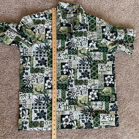 Royal Creations Hawaiian Shirt Sz L Hawaii Made Green Flower Palm Trees Pocket - Picture 8 of 8